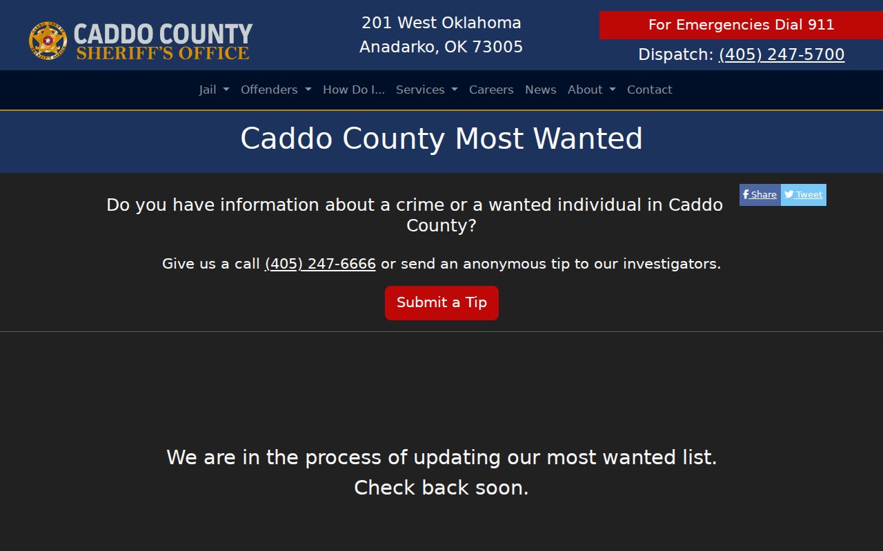 Caddo County warrant records official Most Wanted program interface