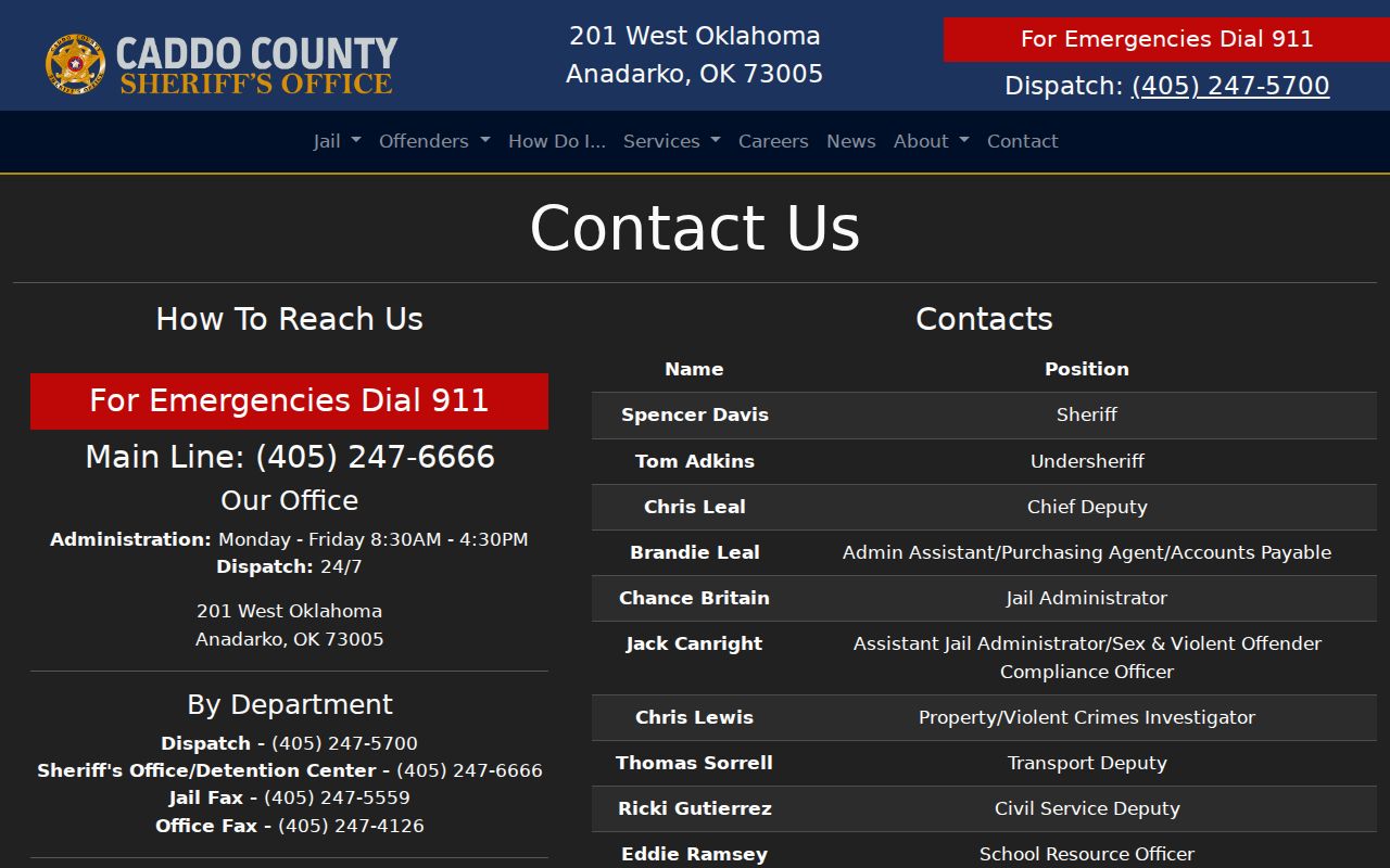 Caddo County warrant records sheriff office contact source